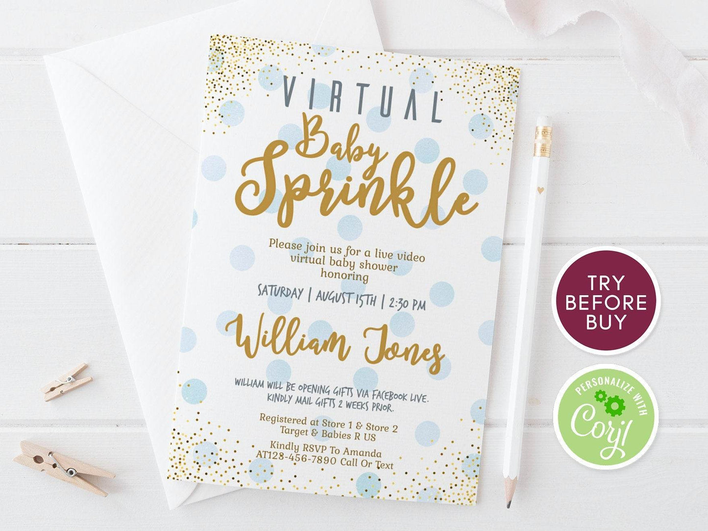 Editable Virtual Baby Sprinkle Invitation – Blue & Gold Confetti Boy Baby Shower Invite | Printable Digital Social Distance Template | Instant Download