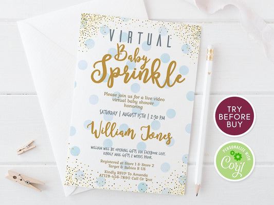 Editable Virtual Baby Sprinkle Invitation – Blue & Gold Confetti Boy Baby Shower Invite | Printable Digital Social Distance Template | Instant Download