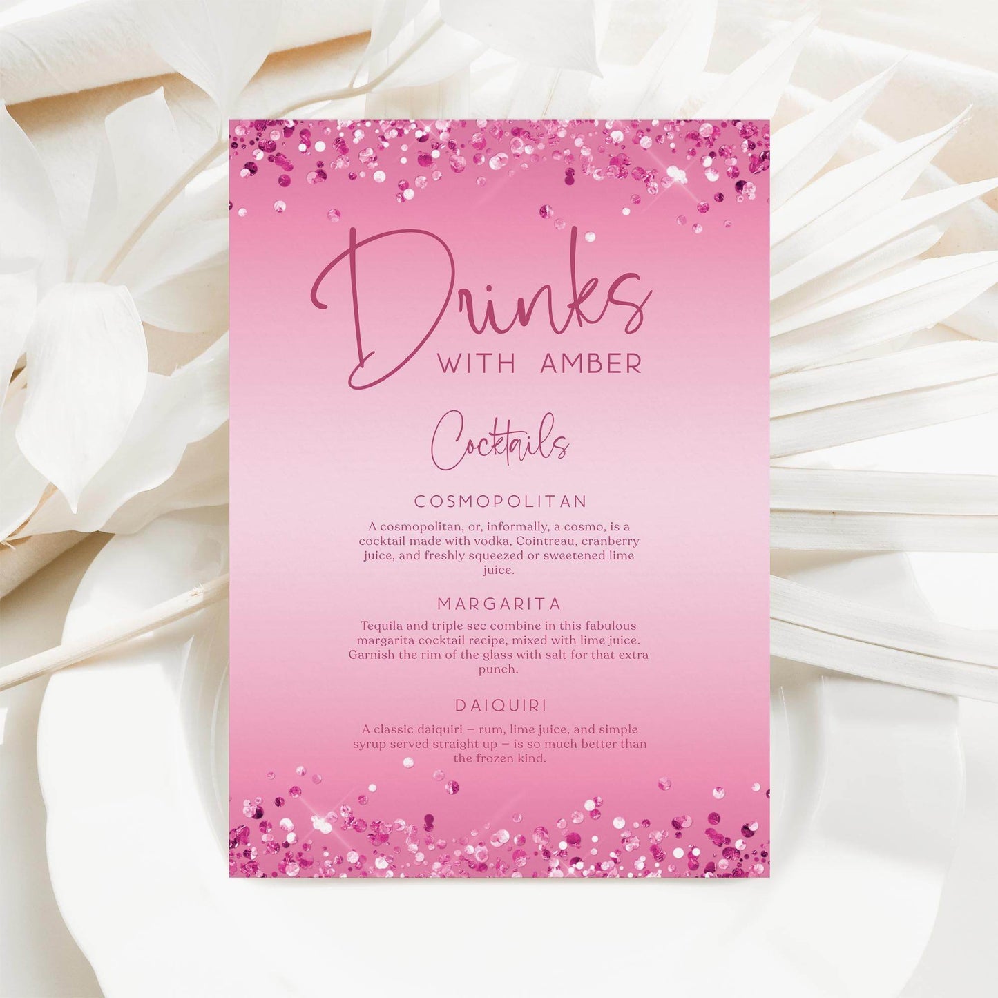 Cocktail Drinks Menu Signage Template – Editable Pink Signature Drinks Menu | Custom Name Printable for Birthday, Bachelorette, Hens Party | Instant Digital Download