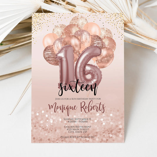 Printable 16th Sixteen Birthday Invitation Template, Editable Invite, Email Text Message, Rose Gold Balloons, Instant Download, DIY Digital