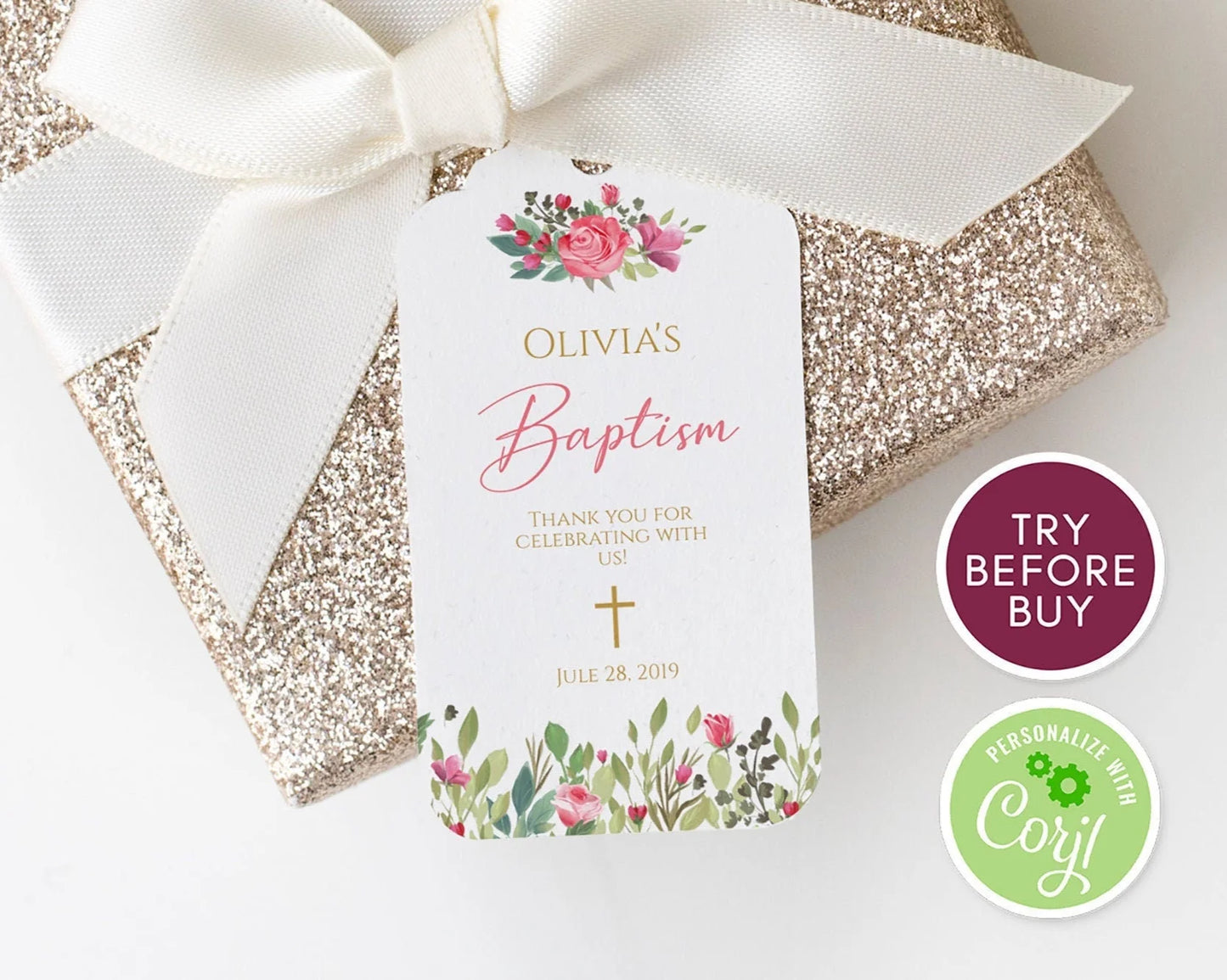 Baptism Thank You Tag Template, First Communion Editable Baptism Favor Tag, Floral Christening Tag, Printable Instant Download, Gold DIY Tag
