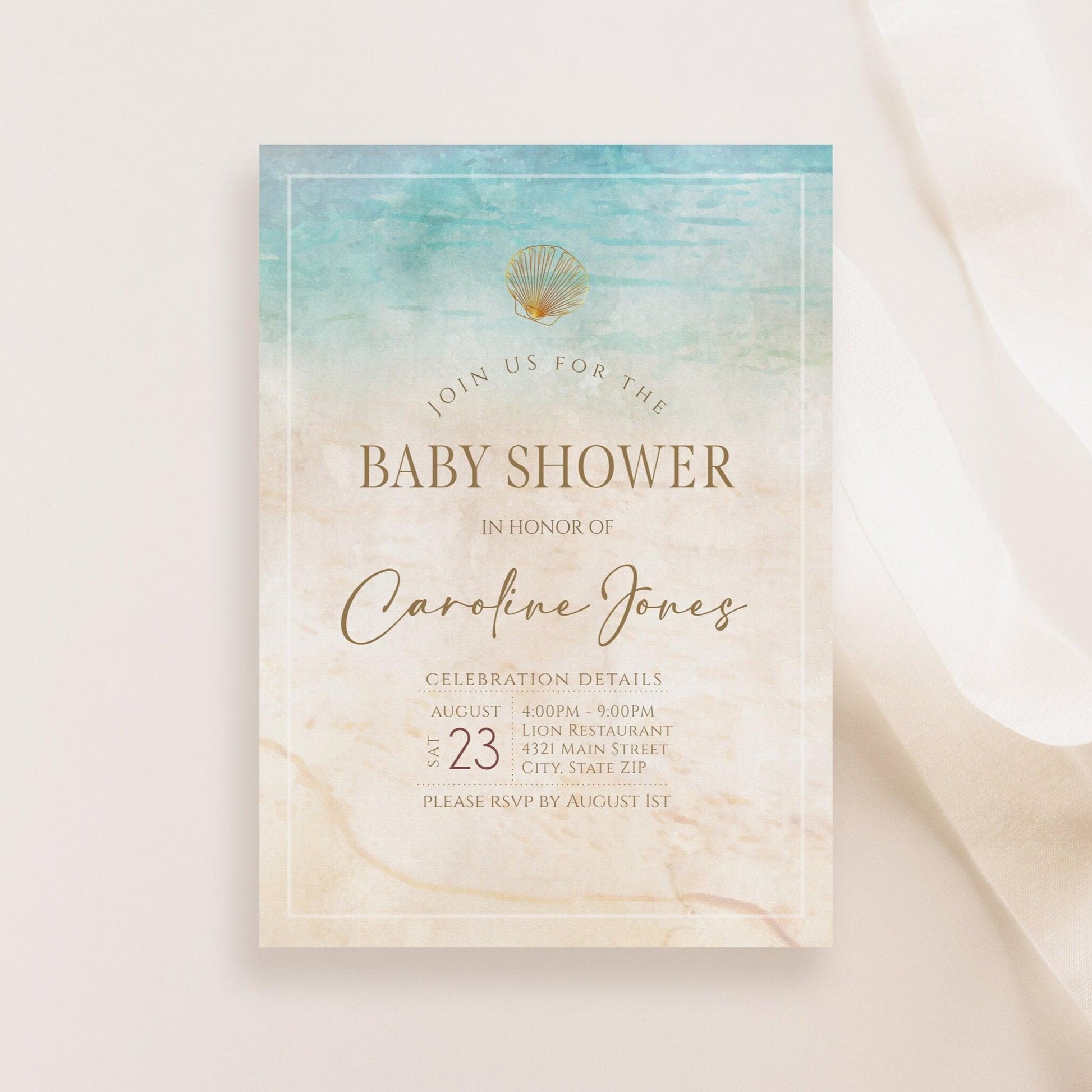 Beach Baby Shower Invitation Template, Baby Shower Beach Invite, Ocean Baby Shower, Sea Bridal Shower, Editable Template, Instant Download