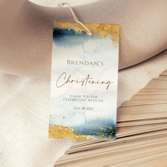 Printable Christening Thank You Tag Template, Blue Gold Watercolor Favor Tags, Boy Baptism, Christening Thank You Tag, Communion Favor Tag