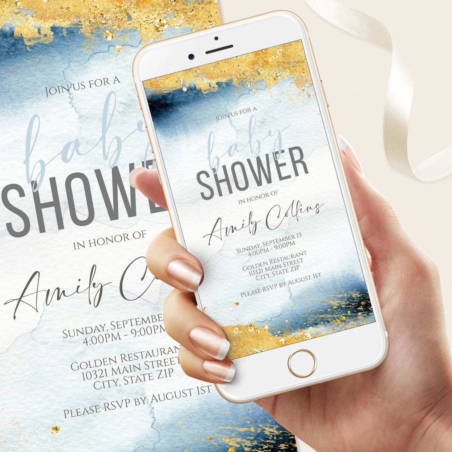 Digital Boy Baby Shower Invitation Template, Electronic Text message Evite, Baby Shower editable text invite, Blue Gold Watercolor Invite