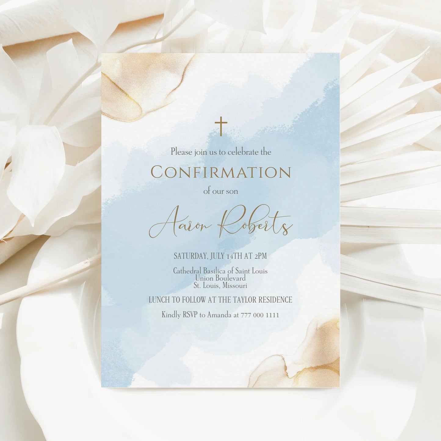 Blue Gold Boy Confirmation Invitation Template, Editable Watercolor Confirmation Invite, Printable Religious Event Card, Instant Download