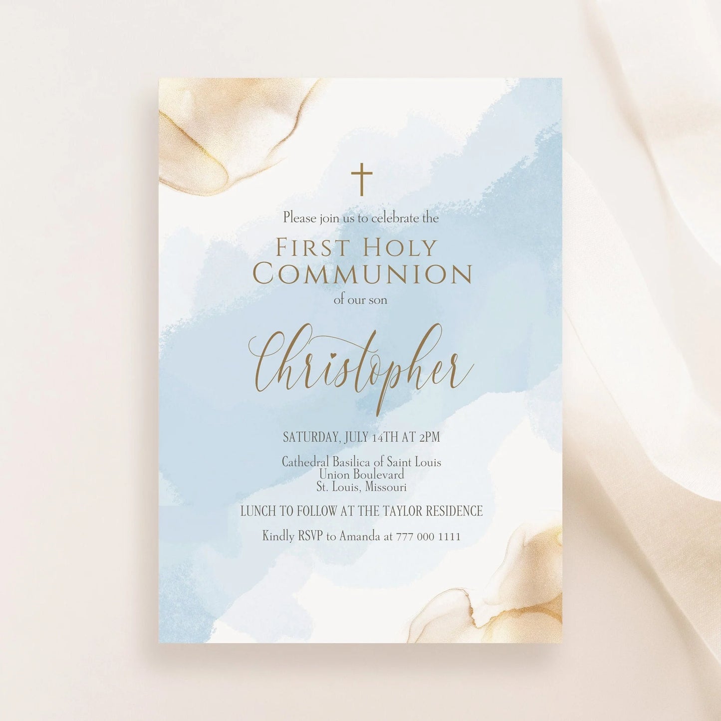Boy First Holy Communion Invitation Template Printable, Editable Blue Gold Watercolor Boy 1st Communion Invite, Email Text Message Evite