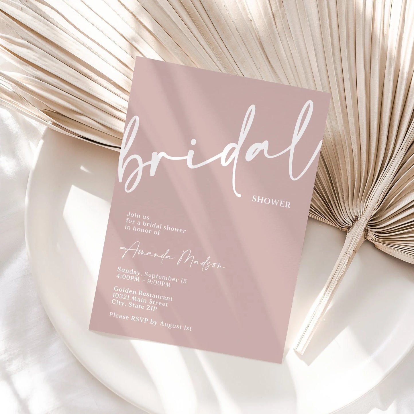 Printable Bridal Shower Invite, Minimalist Bridal Shower Invitation, Dusty Pink Bridal Invitation, Bride to Be Evite Editable Invite Digital