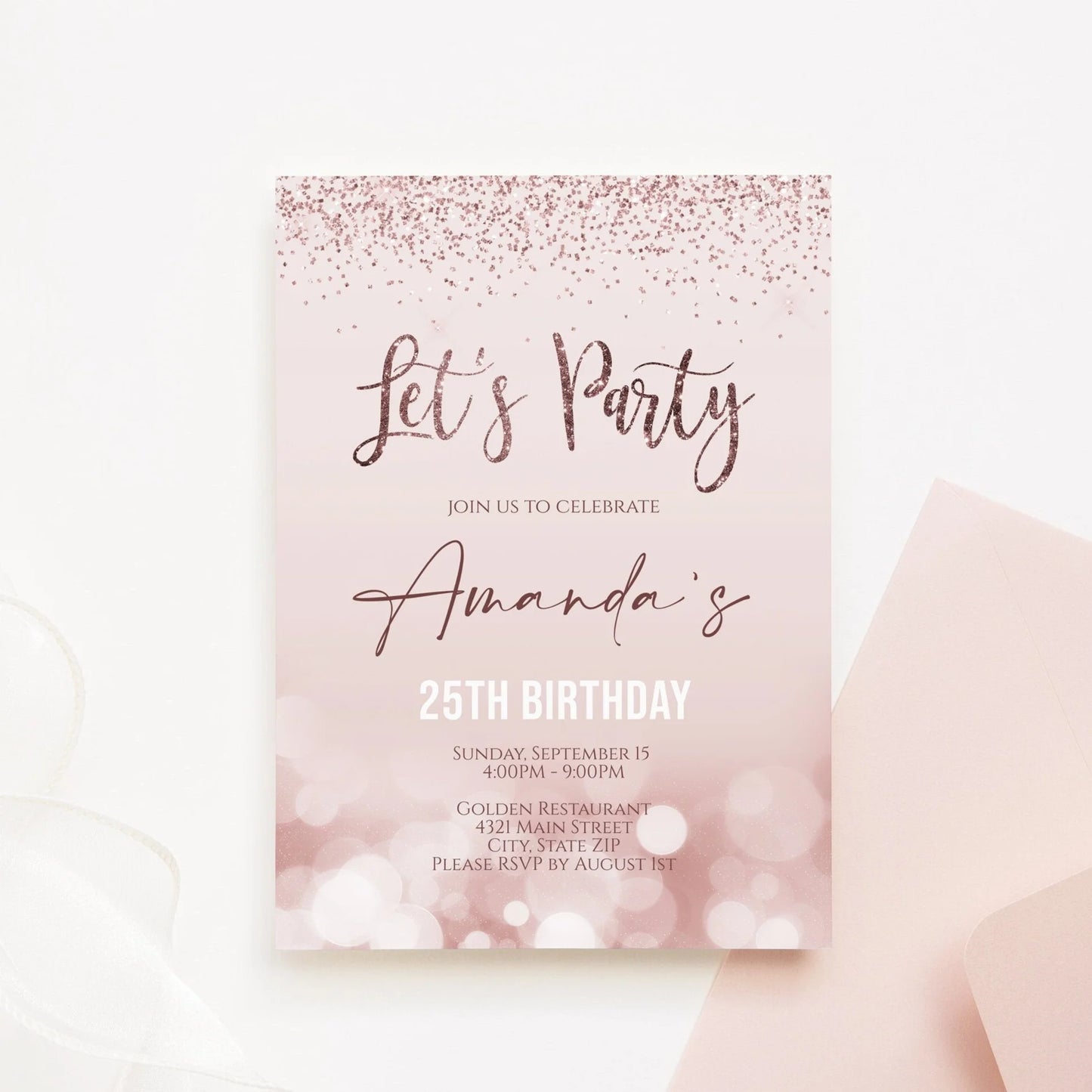 Editable Let's Party Invitation Template, Printable 25th Birthday Invite Any Celebration Invitation, Rose Gold Glitter, Instant Download 5x7