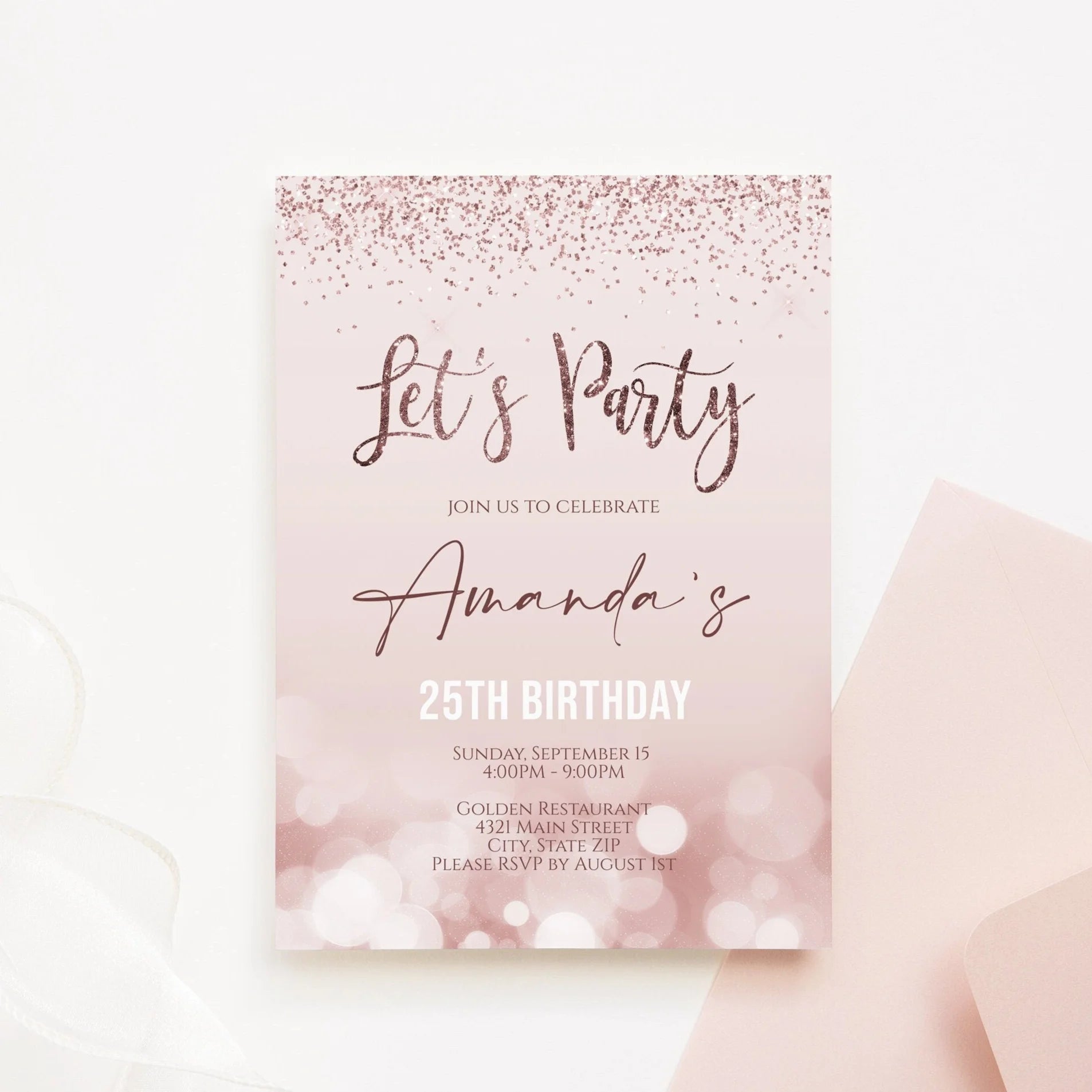 Editable Let's Party Invitation Template, Printable 25th Birthday Invite Any Celebration Invitation, Rose Gold Glitter, Instant Download 5x7