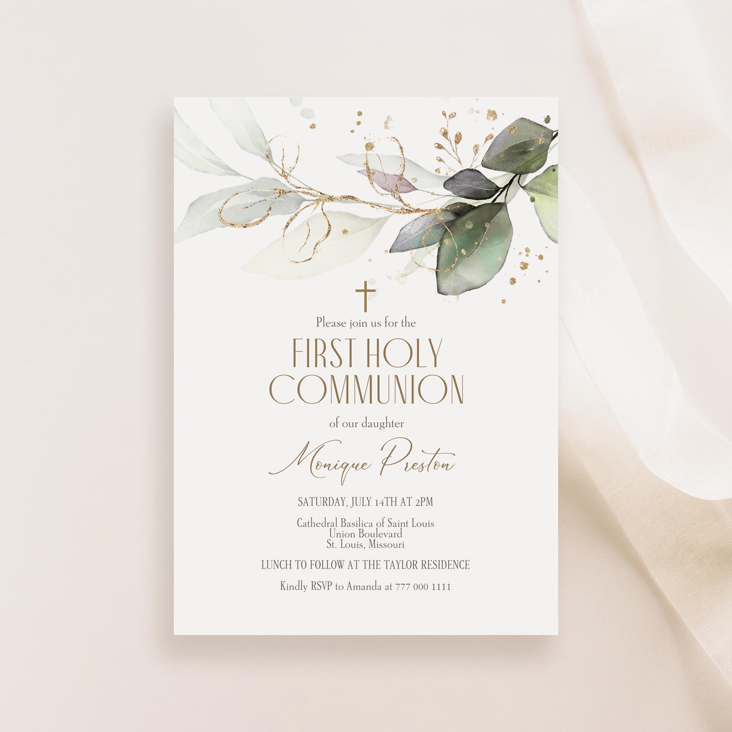 First Holy Communion Invite Template, Editable Greenery First Communion Invitation, Boy Girl Communion Invitation, Digital Card Template