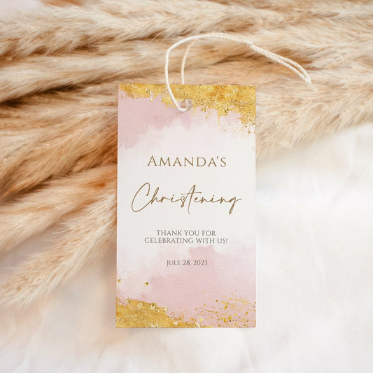 Printable Girl Christening Thank You Tag Template, Pink Gold Watercolor Christening Favor Tag, Girl Baptism, Editable Thank You Tag Template