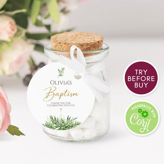 Greenery Baptism Round Favor Tag Template, Printable First Communion Tags, Boy Girl Baptism Christening Favor Thank You Tag Instant Download