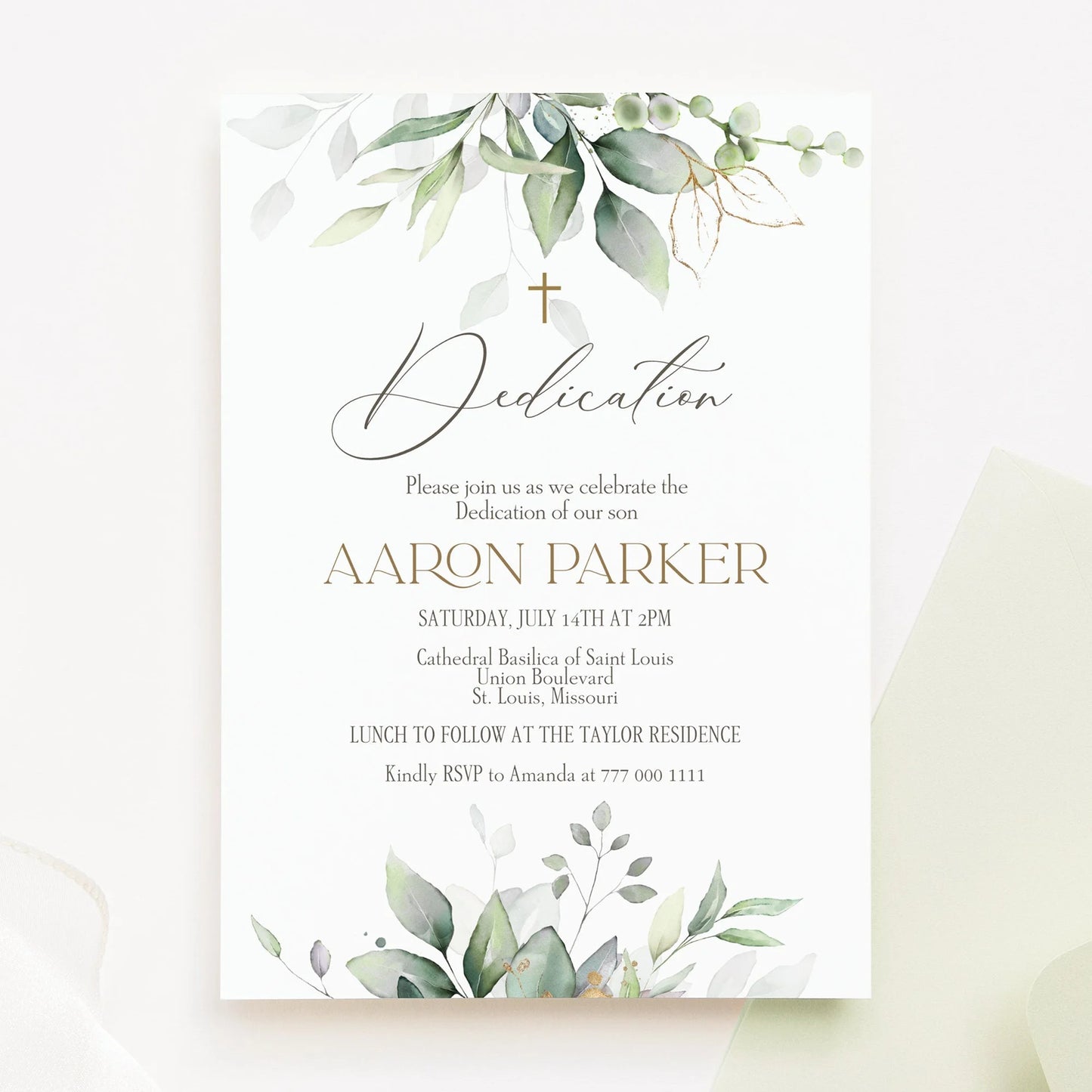 Greenery Dedication Invitation, Watercolor Baptism Invitation, Boy Girl Baptism Invitation, Printable Dedication Template, Editable Invite