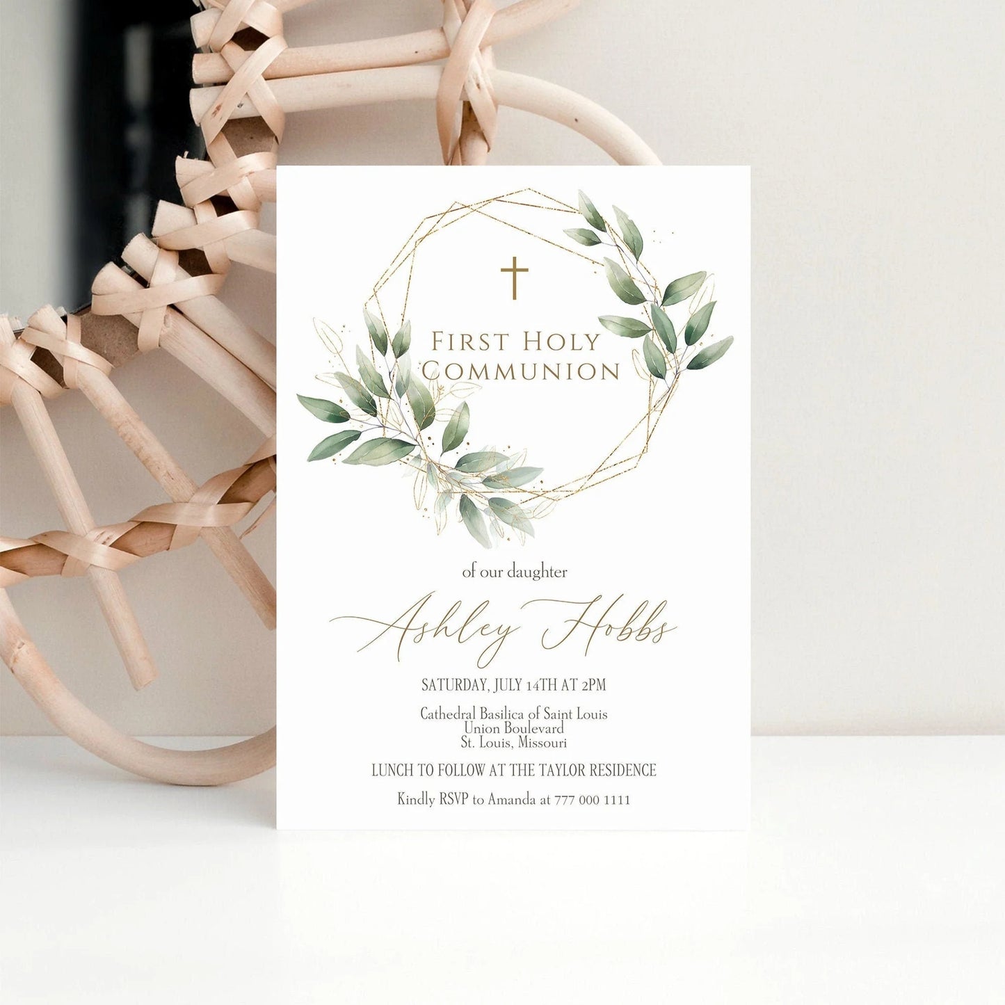 Gold Geometric Greenery Watercolor First Holy Communion Invitation Template, Printable First Holy Communion Invitation, Editable Template
