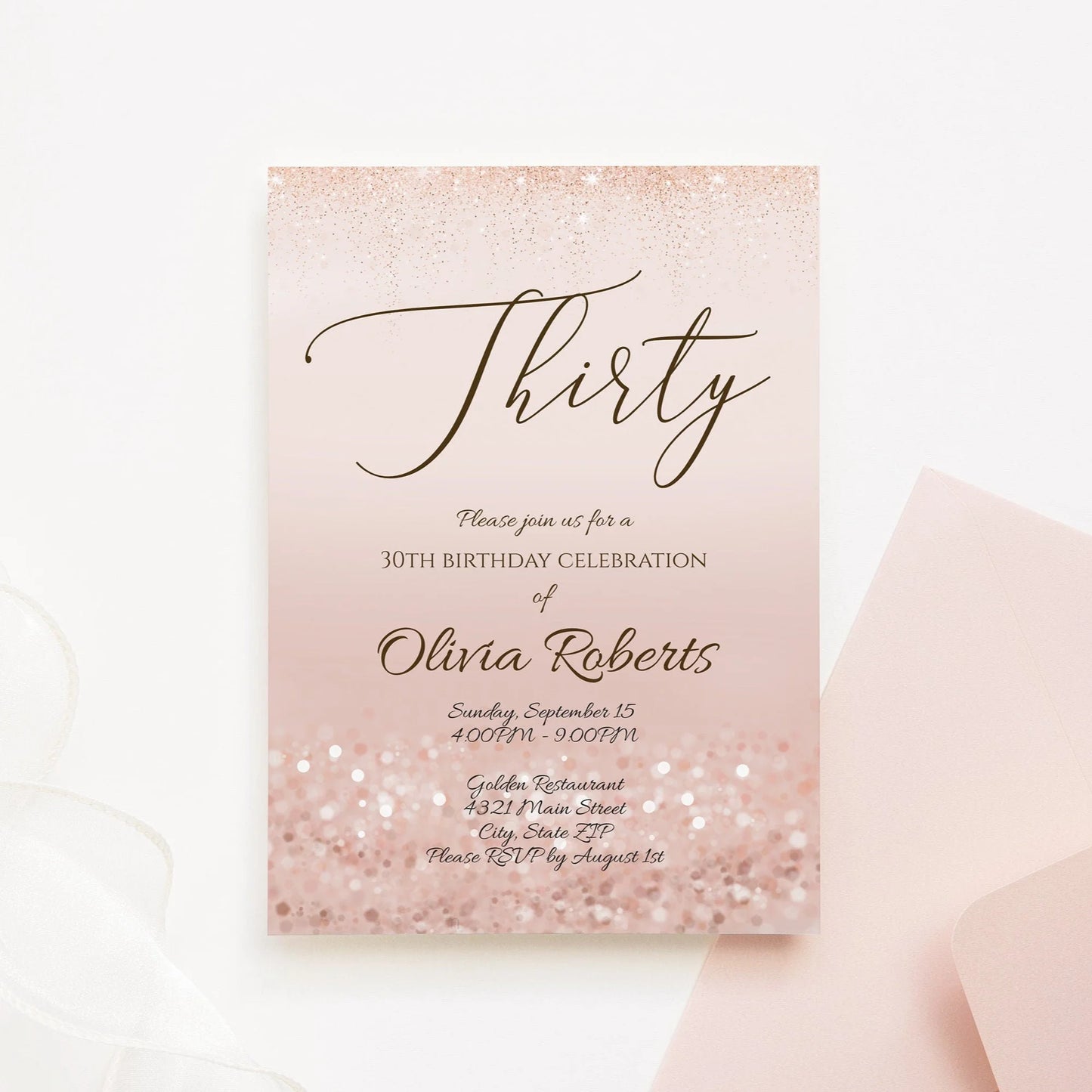 Luxury Thirty Rose Gold Glitter Editable 30th Birthday Invitation Template, Printable Invite or Text Digital Invitation, Instant Download