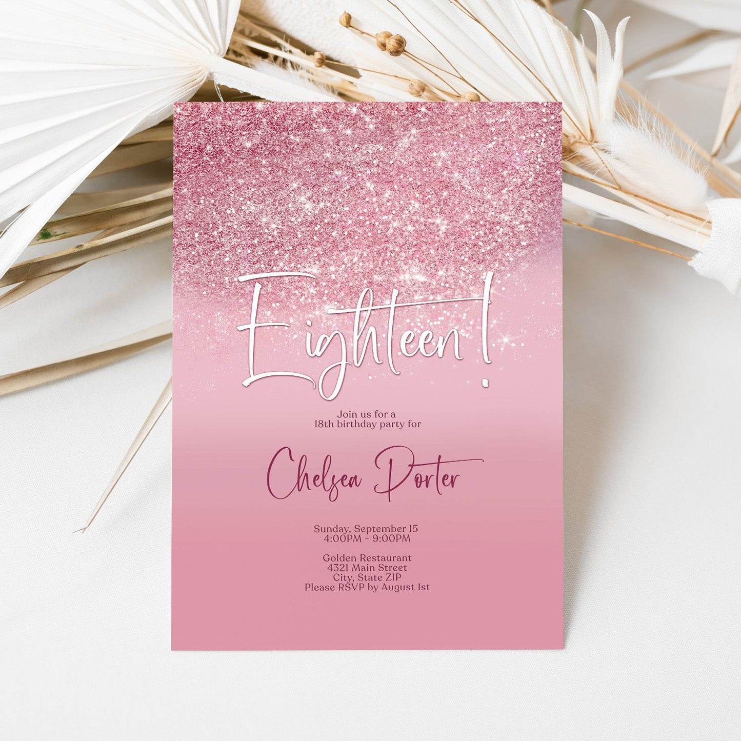 18th Birthday Invitation Template | Editable Pink Rose & Silver Glitter Invite | Eighteen Birthday Party Card | Instant Download Digital Template