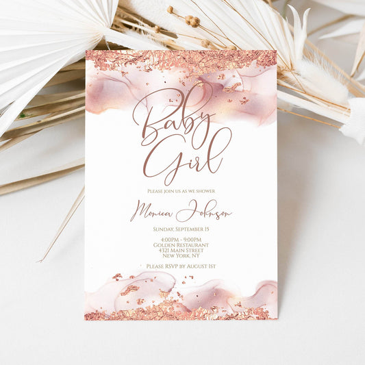 Baby Girl Shower Invitation Template | Rose Gold Foil Editable Invite | Printable Baby Shower Card | Text Message Digital Evite | Instant Download