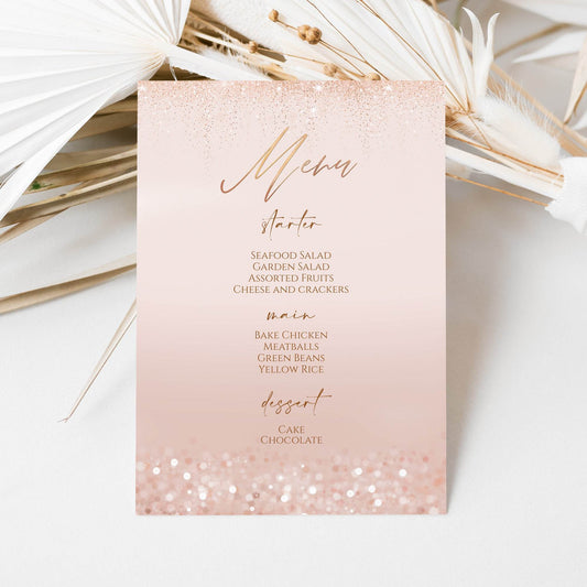 Rose Gold Foil Menu Template | Editable Pink Birthday Dinner Menu | Modern Wedding Menu Card | Printable Digital Instant Download