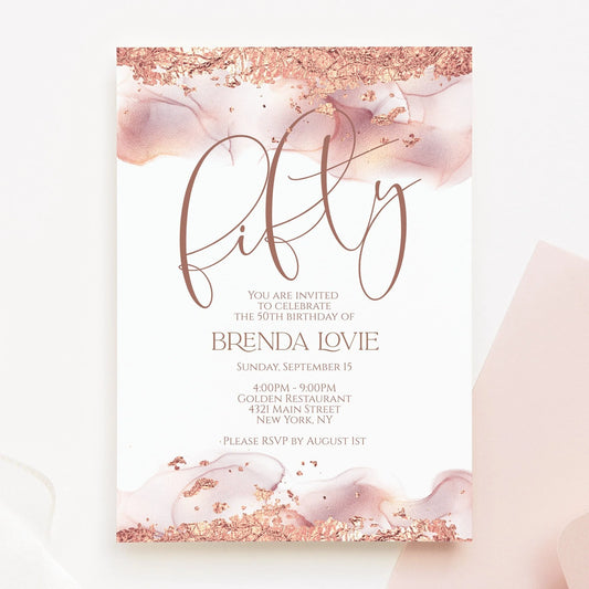 Printable 50th Fifty Invitation, Rose Gold Foil Glitter Editable Birthday Invitation Template, DIY Invite, Digital Invite, Instant Download