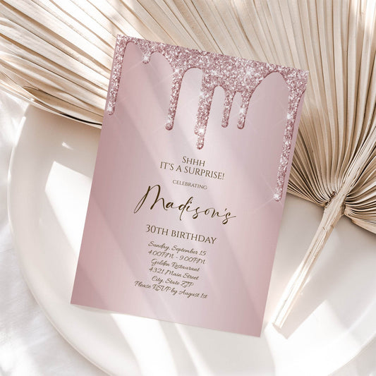 Rose Gold Glitter Surprise Birthday Invitation Template, Editable Luxury Party Invite, Digital Printable, Shhh It's a Surprise, Instant Download