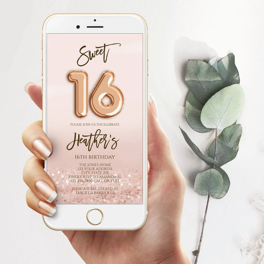 Sweet 16 Birthday Party Evite Rose Gold Pink Party Electronic Invitation Template Sweet Sixteen Digital Invite Balloon Birthday Party Evite