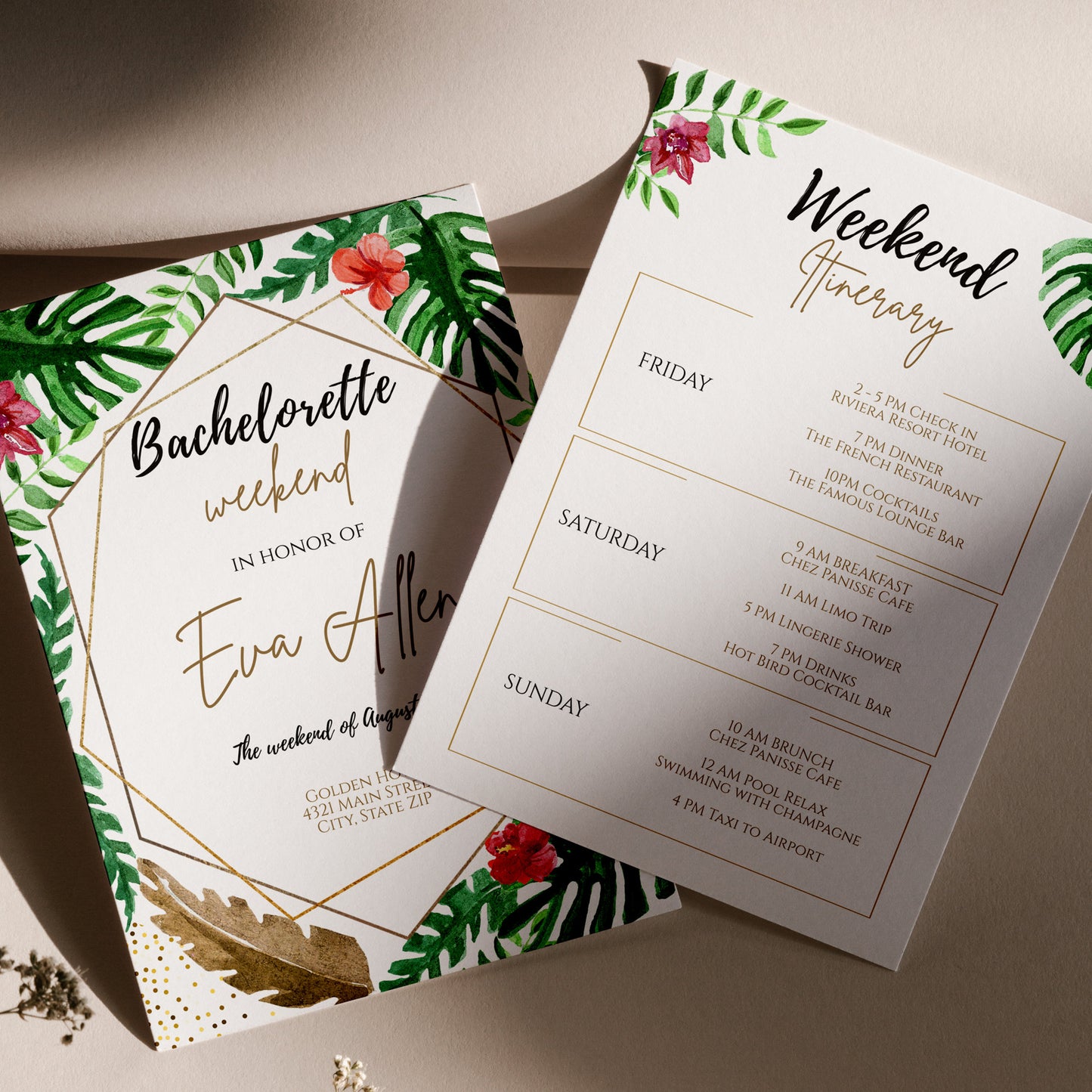 TROPICAL Bachelorette Weekend Invitation, Bachelorette Party Schedule, Palm Leaves Weekend Itinerary, Editable Template Instant Download DIY