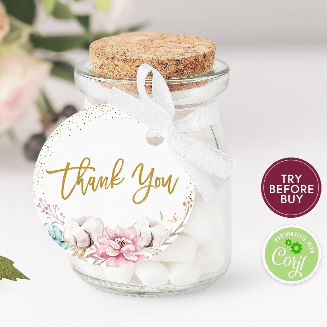 Thank You Baptism Round Tag Template, Printable First Communion Favor Tag, Gold Floral Girl Baptism, Christening Tag, Instant Download DIY