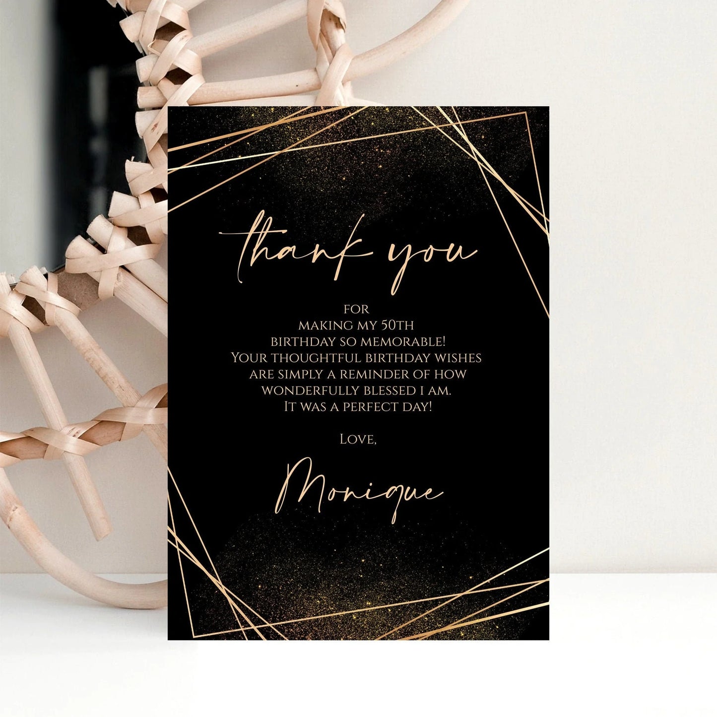 Black Gold Adult Birthday Card, Thank You Cards Anniversary, Editable Thank You Card, Thank You Template, Gold Geometric Thank You Notecard