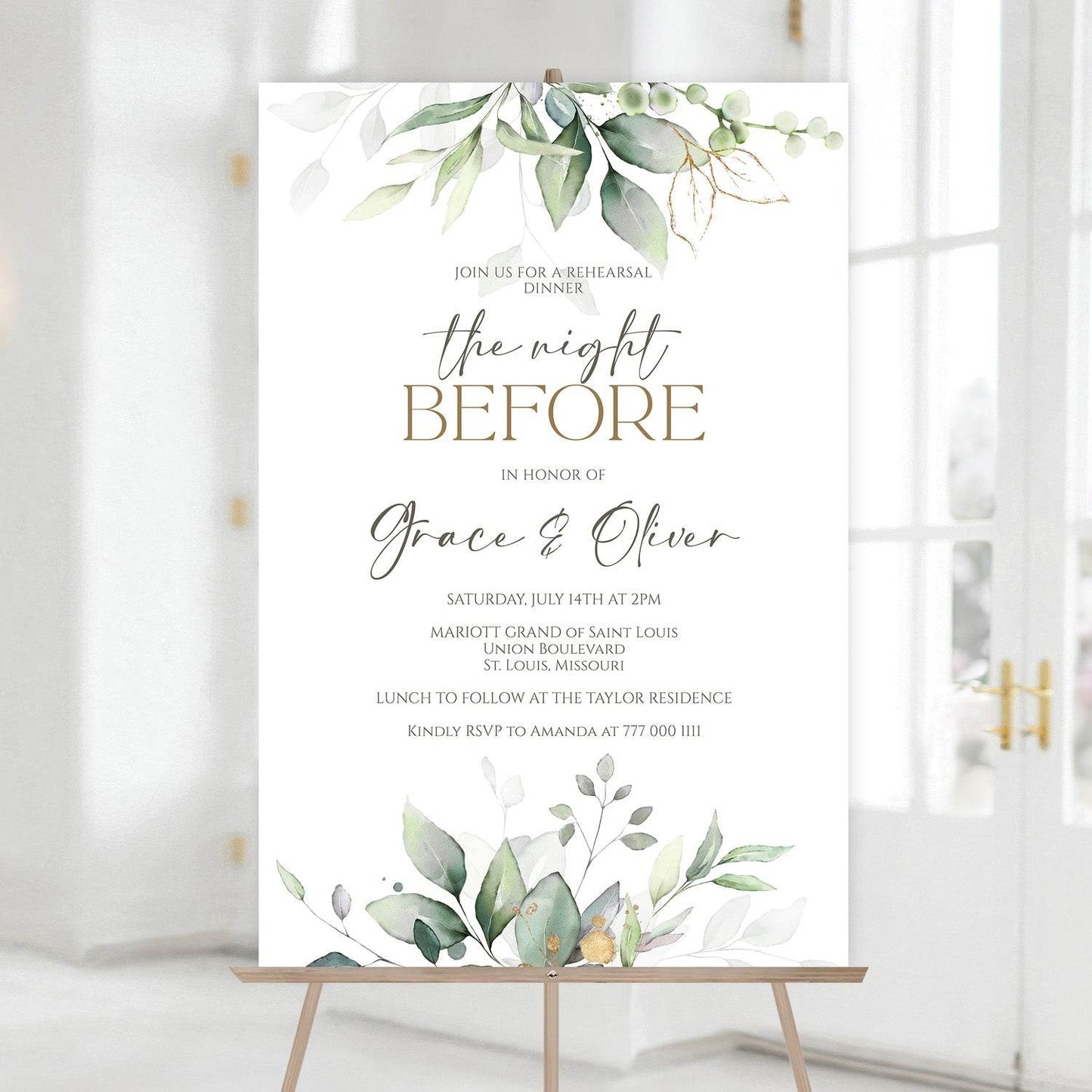 Printable “The Night Before” Wedding Rehearsal Dinner Welcome Sign, Editable Greenery Poster Template, Digital Welcome Board, Instant Download