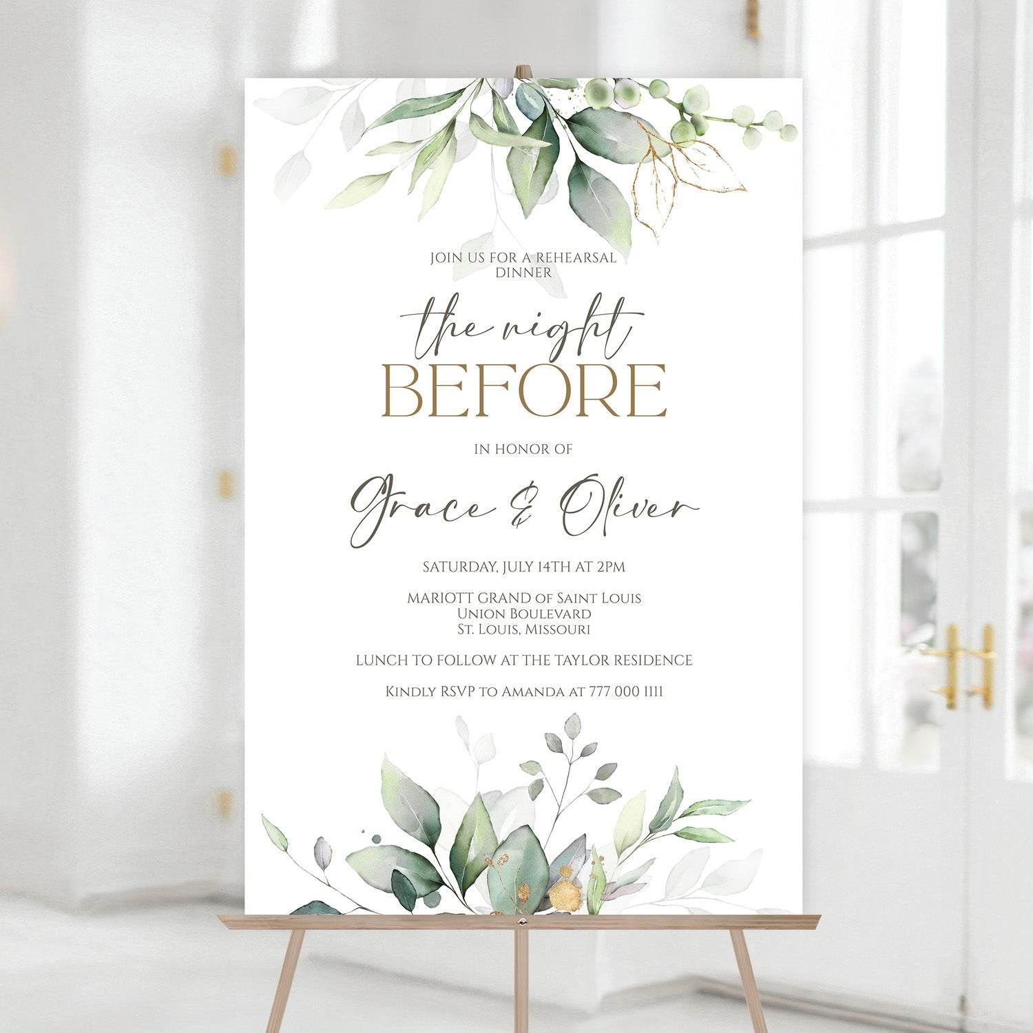 Printable “The Night Before” Wedding Rehearsal Dinner Welcome Sign, Editable Greenery Poster Template, Digital Welcome Board, Instant Download