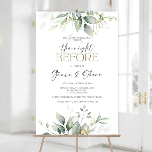 Printable “The Night Before” Wedding Rehearsal Dinner Welcome Sign, Editable Greenery Poster Template, Digital Welcome Board, Instant Download