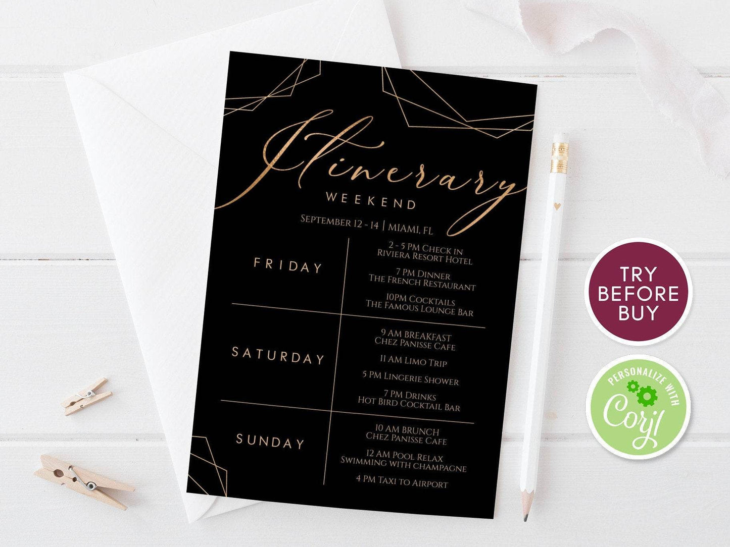 Printable Itinerary Template, Editable Black Gold Weekend Schedule, Geometric Bachelorette Hens Party Itinerary, Birthday Weekend Planner, Instant Download