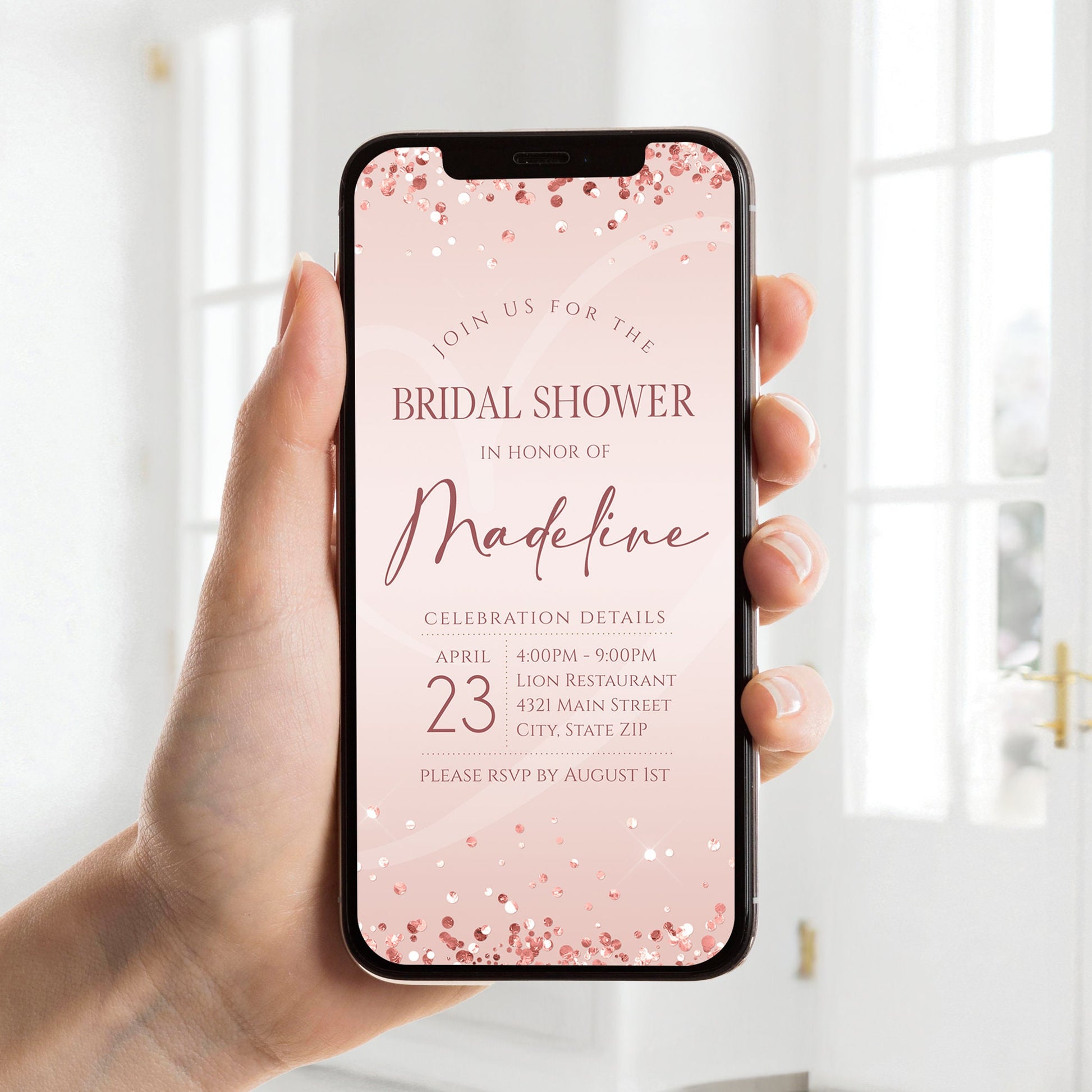 Pink Bridal Shower Invitation Template | Digital Rose Gold Editable Evite | Bride-to-Be Invite for Text Message or Email | Instant Download
