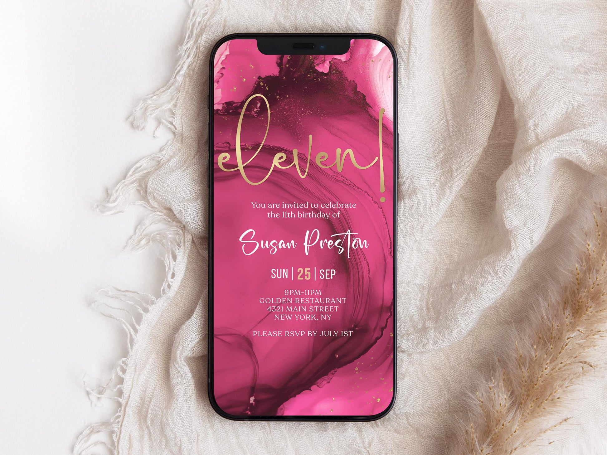 Pink Fuchsia Gold 11th Birthday Invitation | Digital Girl Birthday Party Invite | Editable Text Message Evite | Instant Download