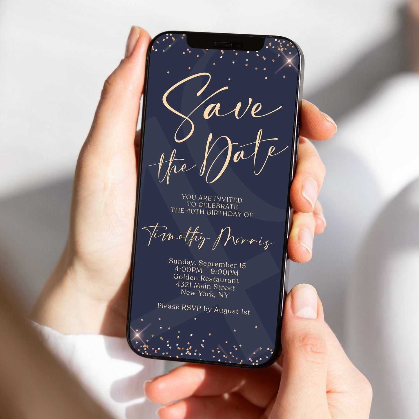 Navy Gold 40th Forty Birthday Digital Invitation Evite, Phone text message invite, Editable Template, Electronic Email DIY Mens Invitation