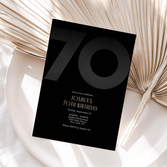Black 70th Birthday Invitation Template, Modern Men's Party Invite, Editable Printable Seventy Invite for Him, Digital Instant Download