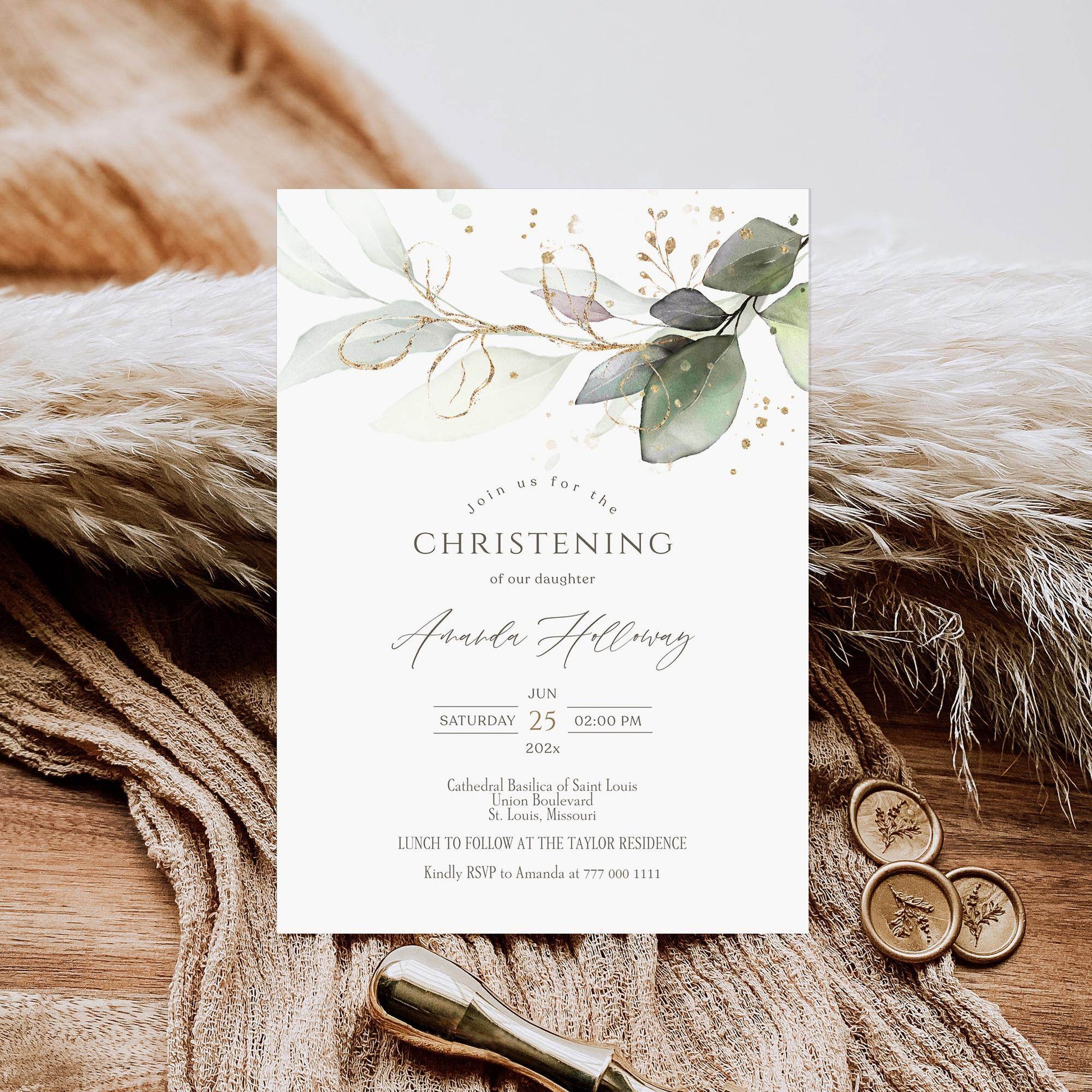 Editable Christening Invitation Card Template – Printable Greenery Eucalyptus Baptism Invite for Boy or Girl | Digital Download