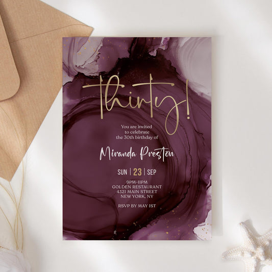 Purple Gold 30th Thirty Birthday Invitation Template, Printable Maroon Woman Dinner Party Invite, Editable Surprise Invite, Digital Download