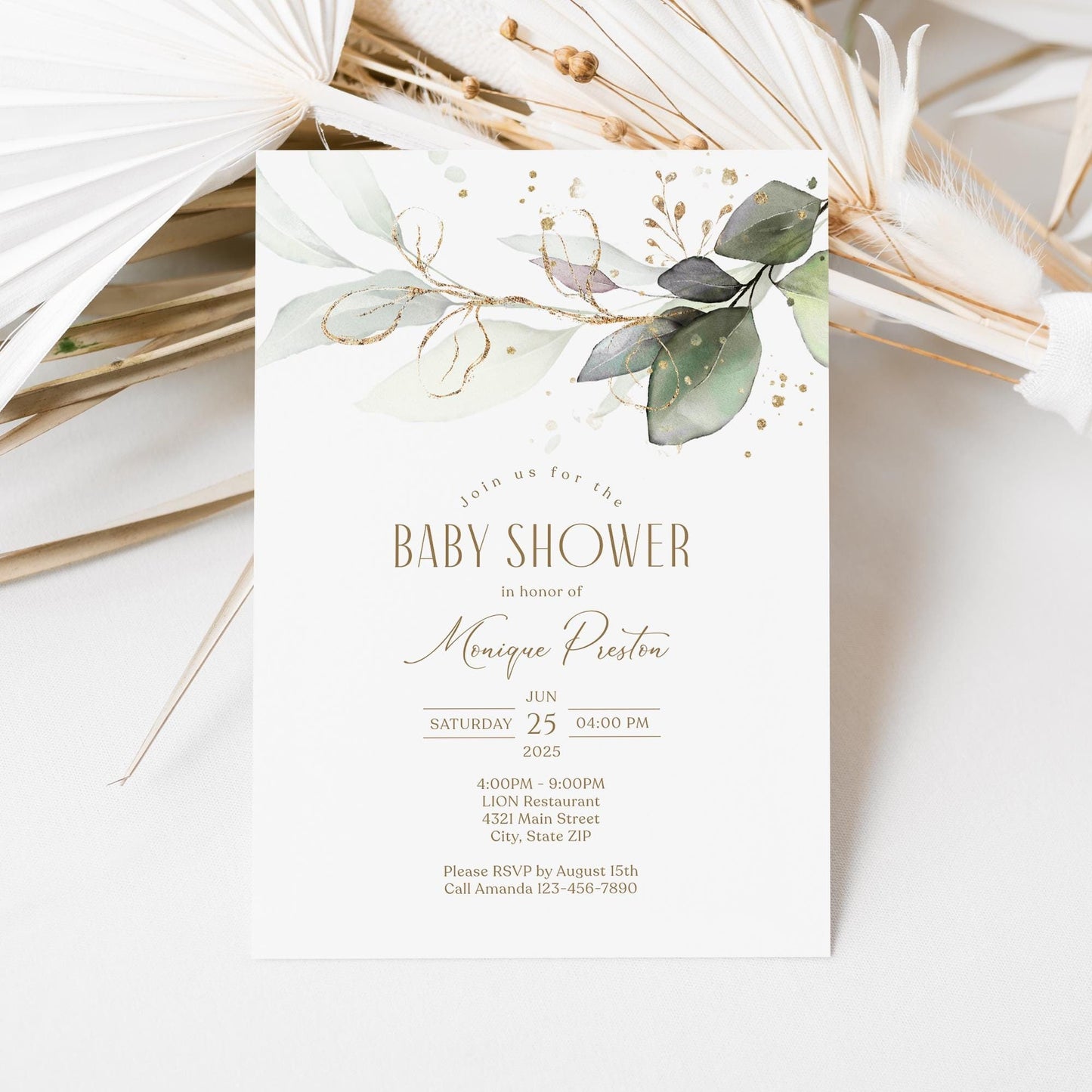 Editable Greenery Baby Shower Invitation Card Template, Printable Eucalyptus Baby Shower Invite, Email Text Message Evite Elegant Invitation