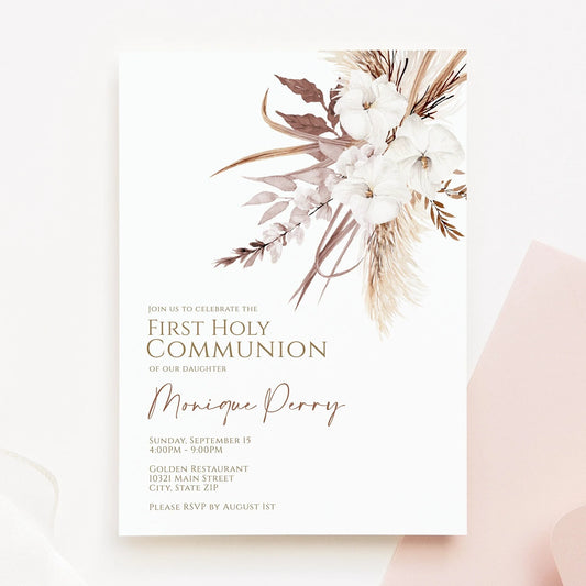 Boho First Communion Invitation, Boho Floral First Holy communion, Gender Neutral Baptism Invite, Dried Flower Invitation, Boho Invitation