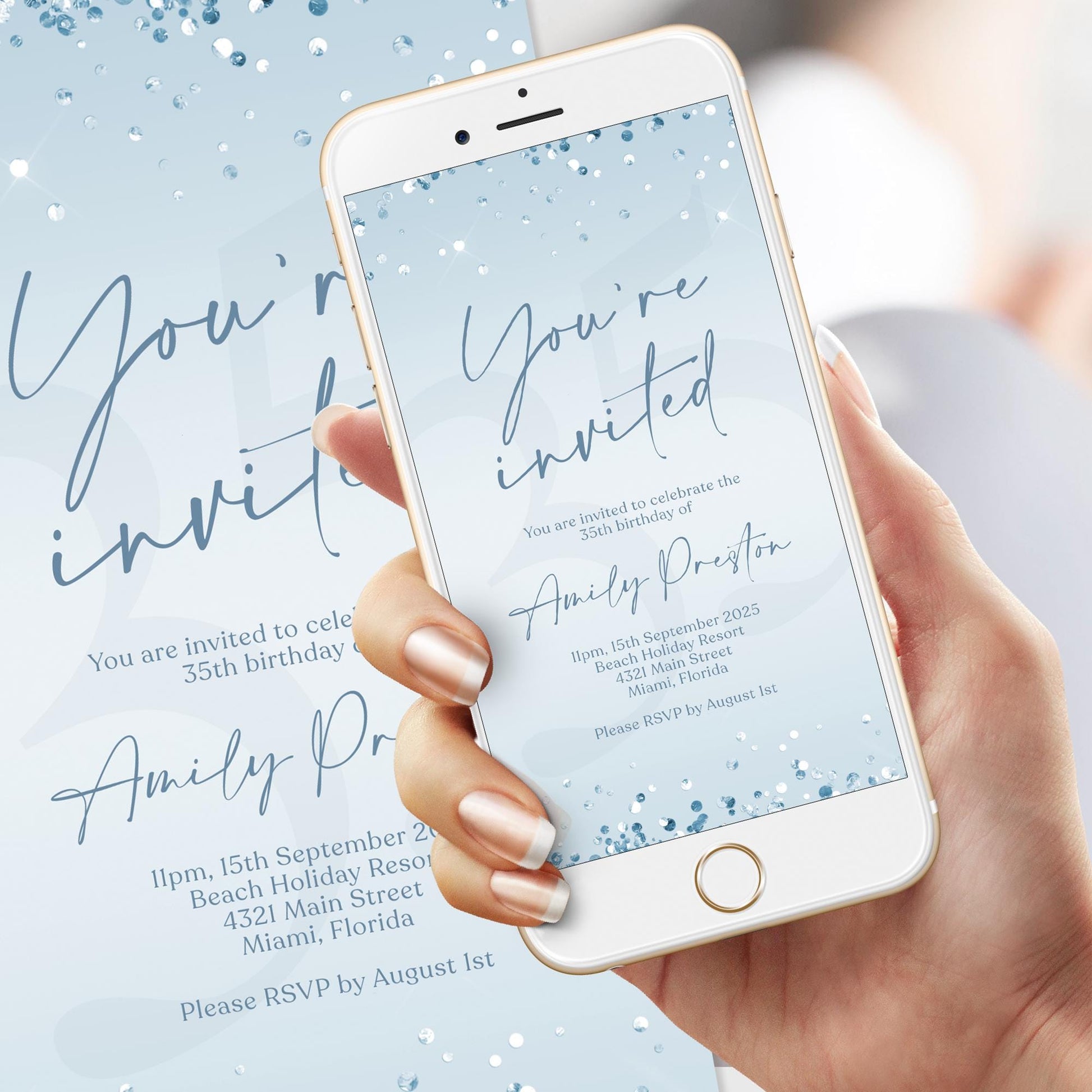 Electronic You Are Invited Blue Silver Invitation Template, Digital Confetti Birthday Invite, Editable Text Message Evite, Any Age Birthday