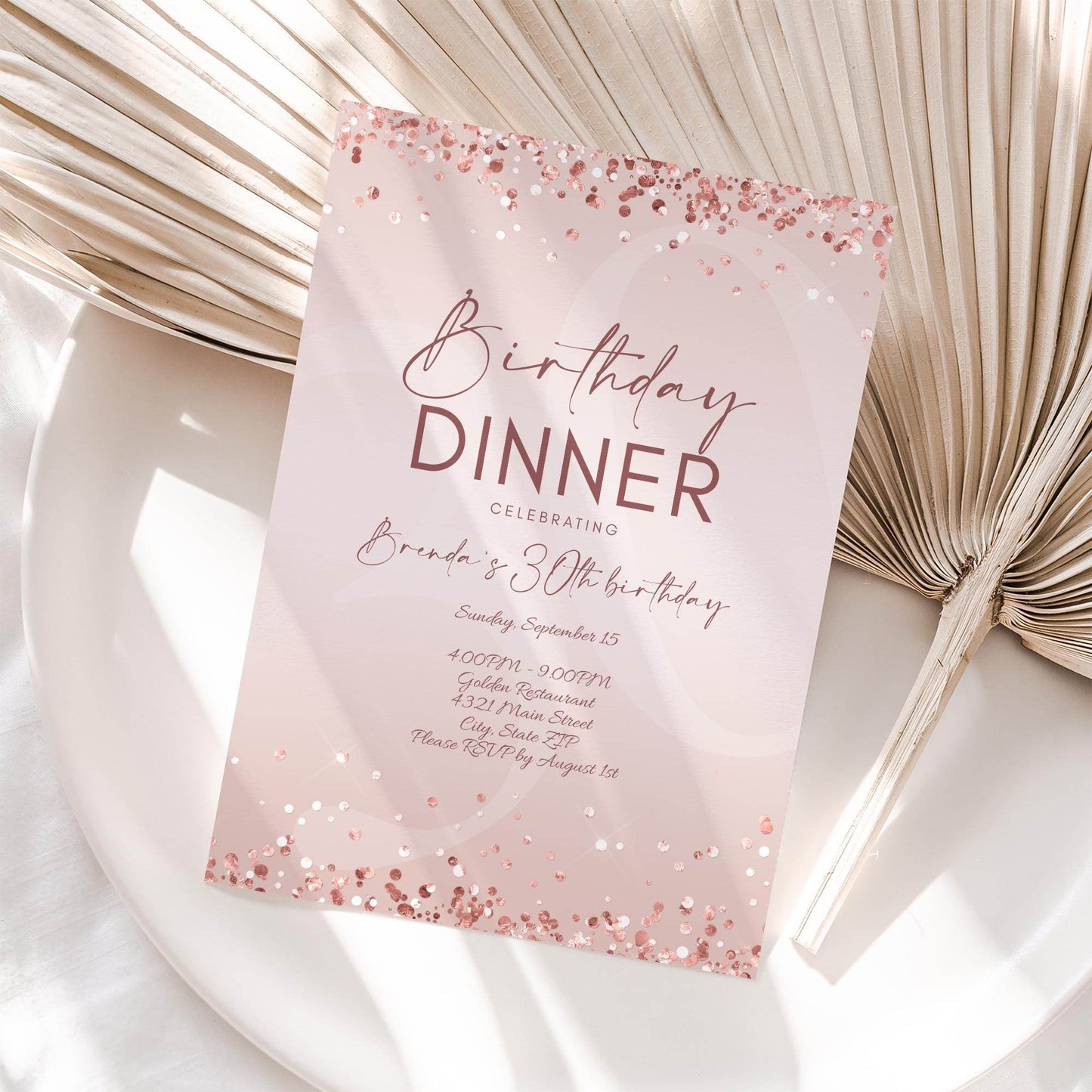 Birthday Dinner Invitation Template Printable, Editable Rose Gold Birthday Dinner Invite, Any Age Birthday, Email Text Message Invitation