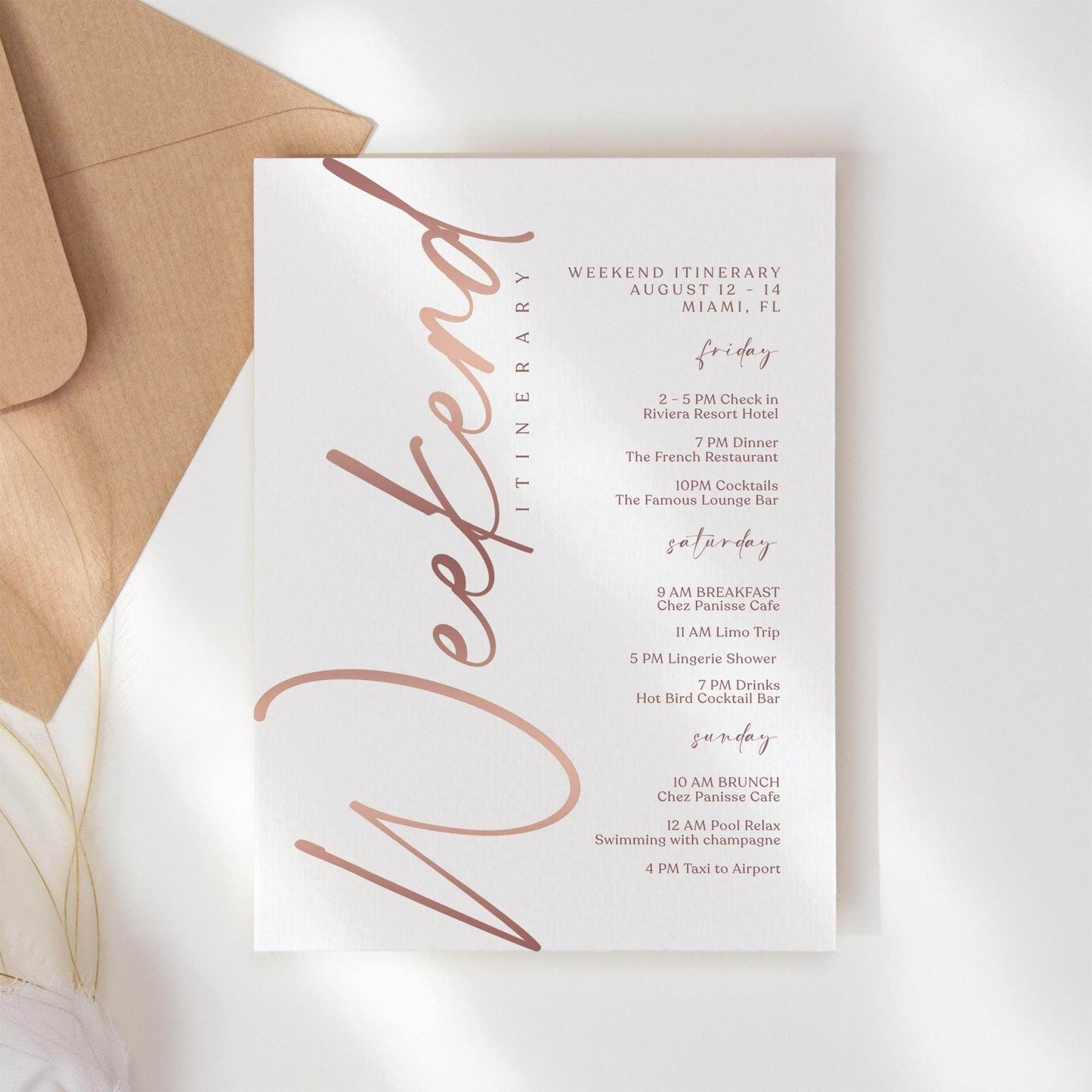 Editable Rose Gold Weekend Itinerary Template – Printable Birthday, Anniversary, or Hen Party Schedule | Digital Download | Email or Text Message Friendly