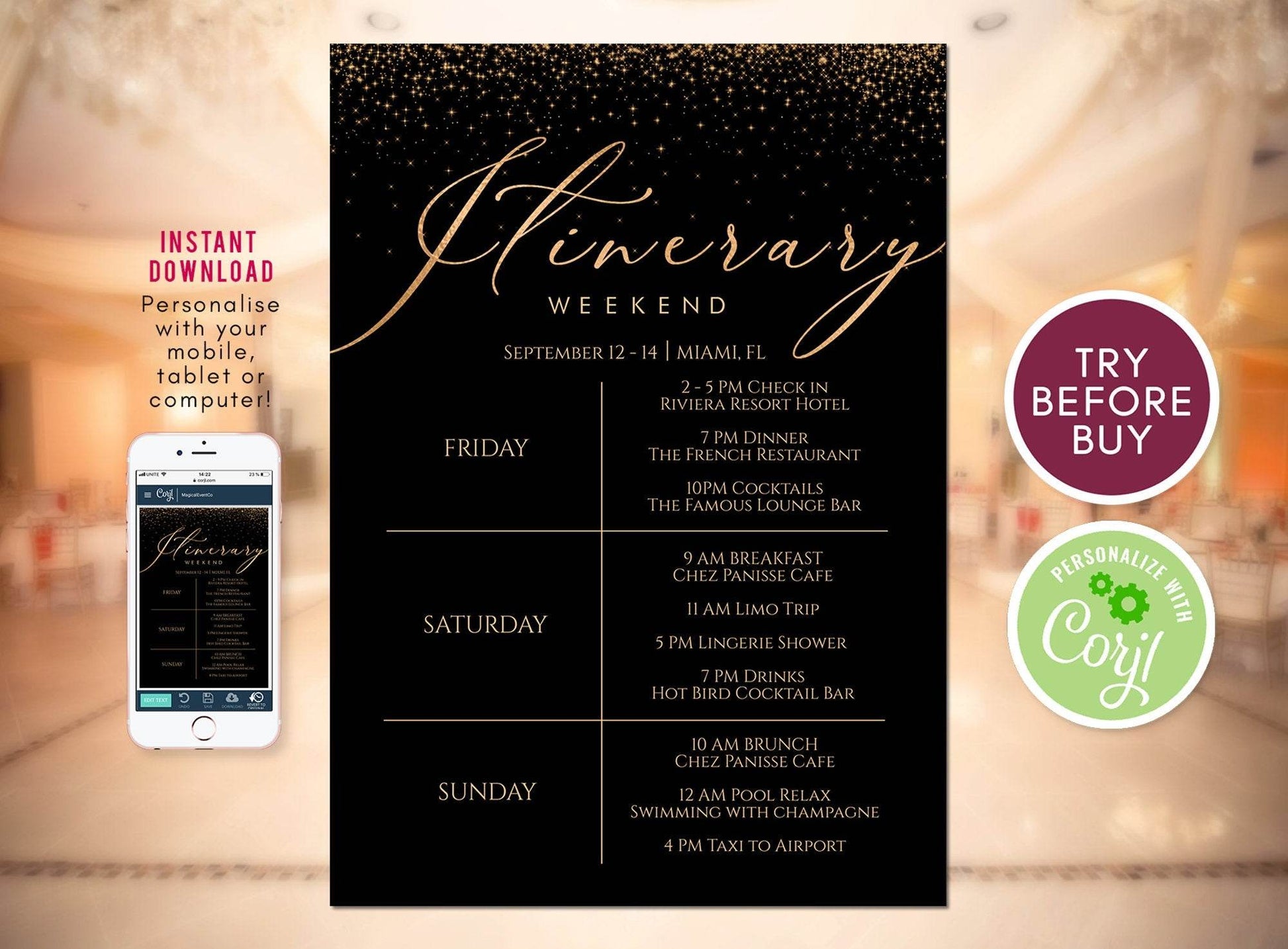 Printable Dark & Gold Confetti Itinerary Invitation Template – Editable Weekend Schedule for Bachelorette, Hens Party, or Birthday | Digital Download