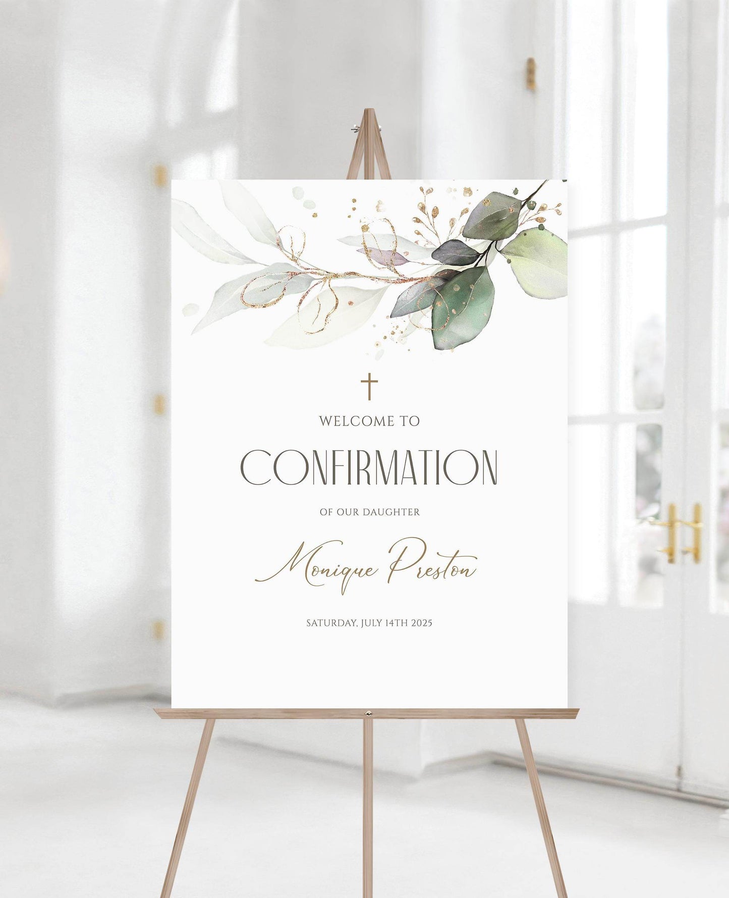 Editable Confirmation Welcome Sign Template – Greenery Eucalyptus Leaves – Printable Confirmation Poster for Boy or Girl – Digital Download