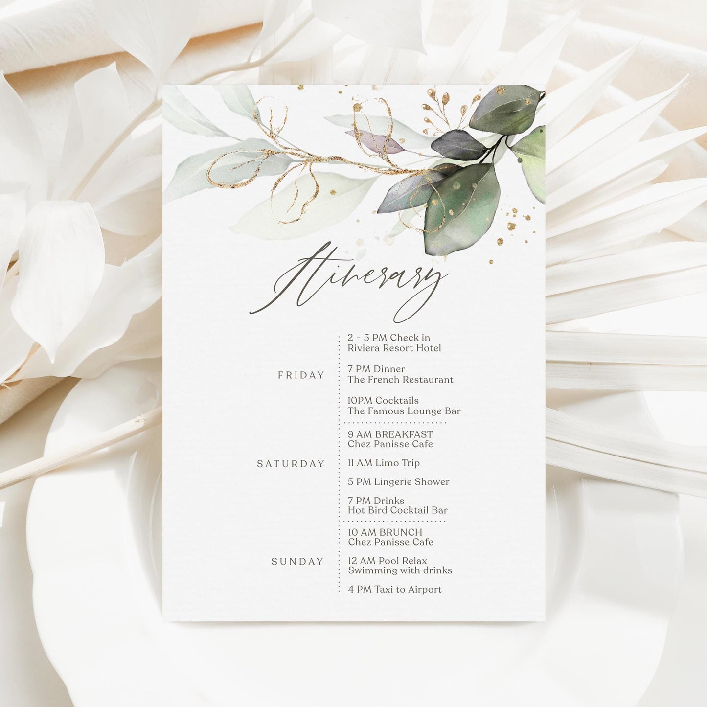 Editable Weekend Itinerary Card Template, Birthday Weekend, Printable Weekend Itinerary, Hens Weekend, Bachelorette, Greenery Eucalyptus