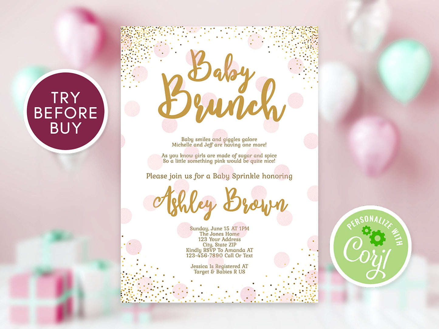Girl Baby Brunch Invitation, Baby Shower Invitation, Pink Gold Watercolor Baby Brunch Invite Editable Baby Brunch Template, Instant Download