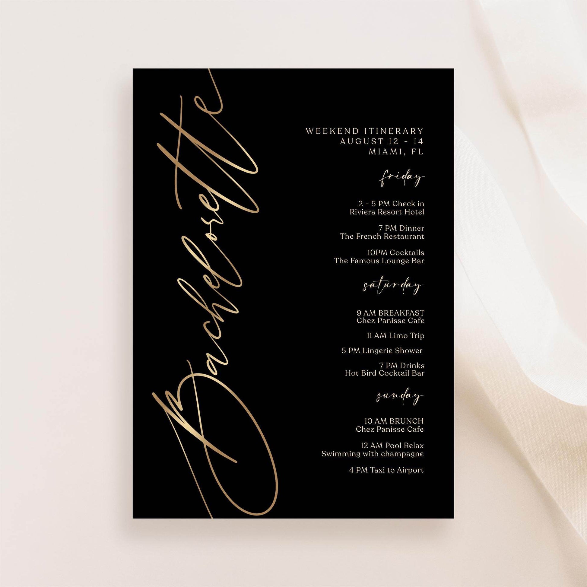 Black Bachelorette Itinerary Template, Editable Weekend Event Schedule, Printable Elegant Itinerary, Digital Download, Text Message Evite