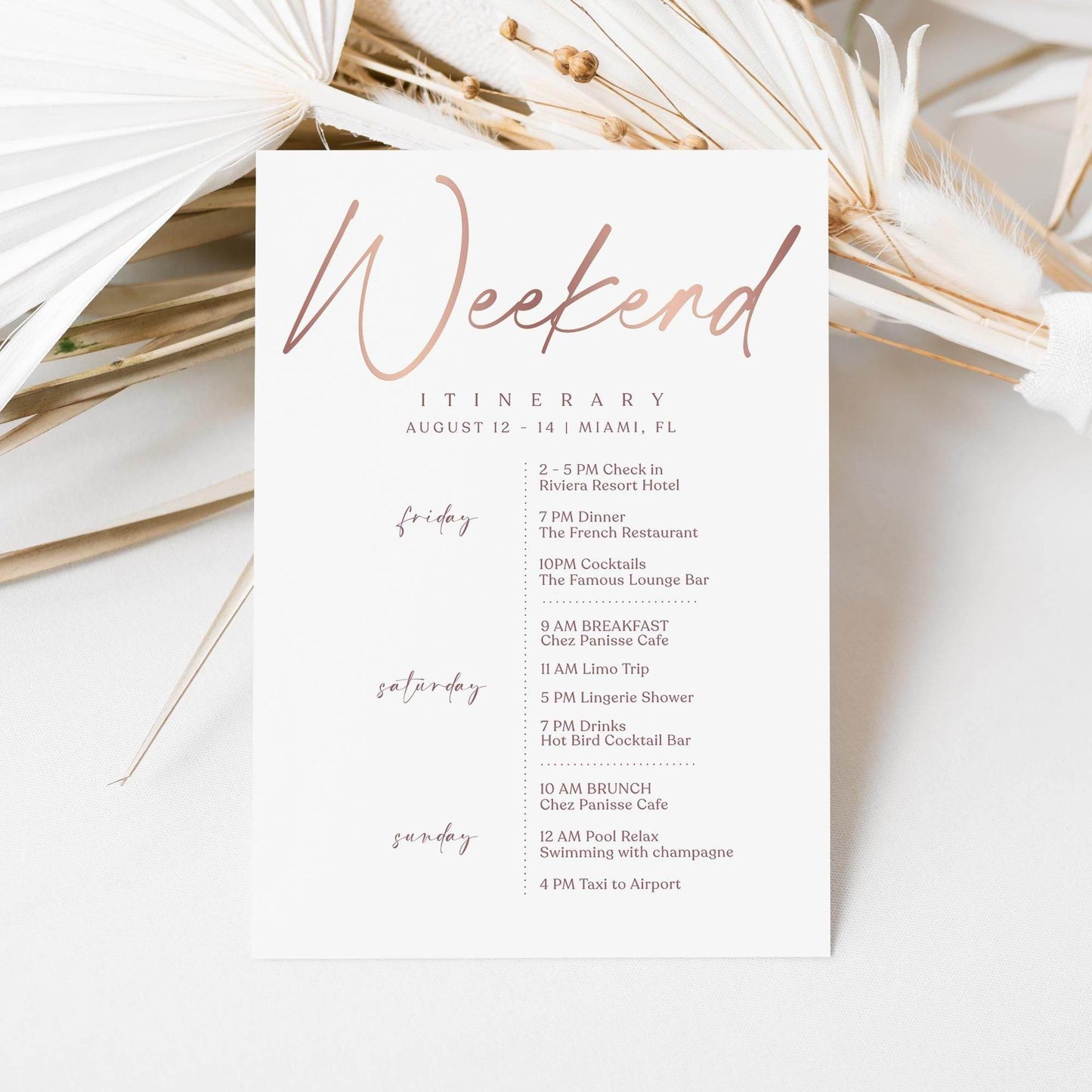 Printable Rose Gold Weekend Itinerary Template – Editable Birthday, Anniversary, or Hen Party Schedule | Elegant Event Planner | Instant Download