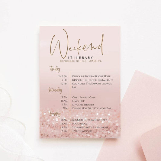 Printable Rose Gold Weekend Itinerary Invitation – Editable Birthday, Hens Party, Bachelorette Weekend Schedule | Digital DIY Template | Instant Download